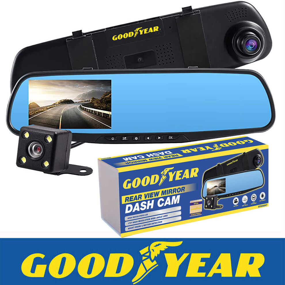 Goodyear HD Mirror Dash Cam Car DVR Video Recorder with Front and Rear Camera