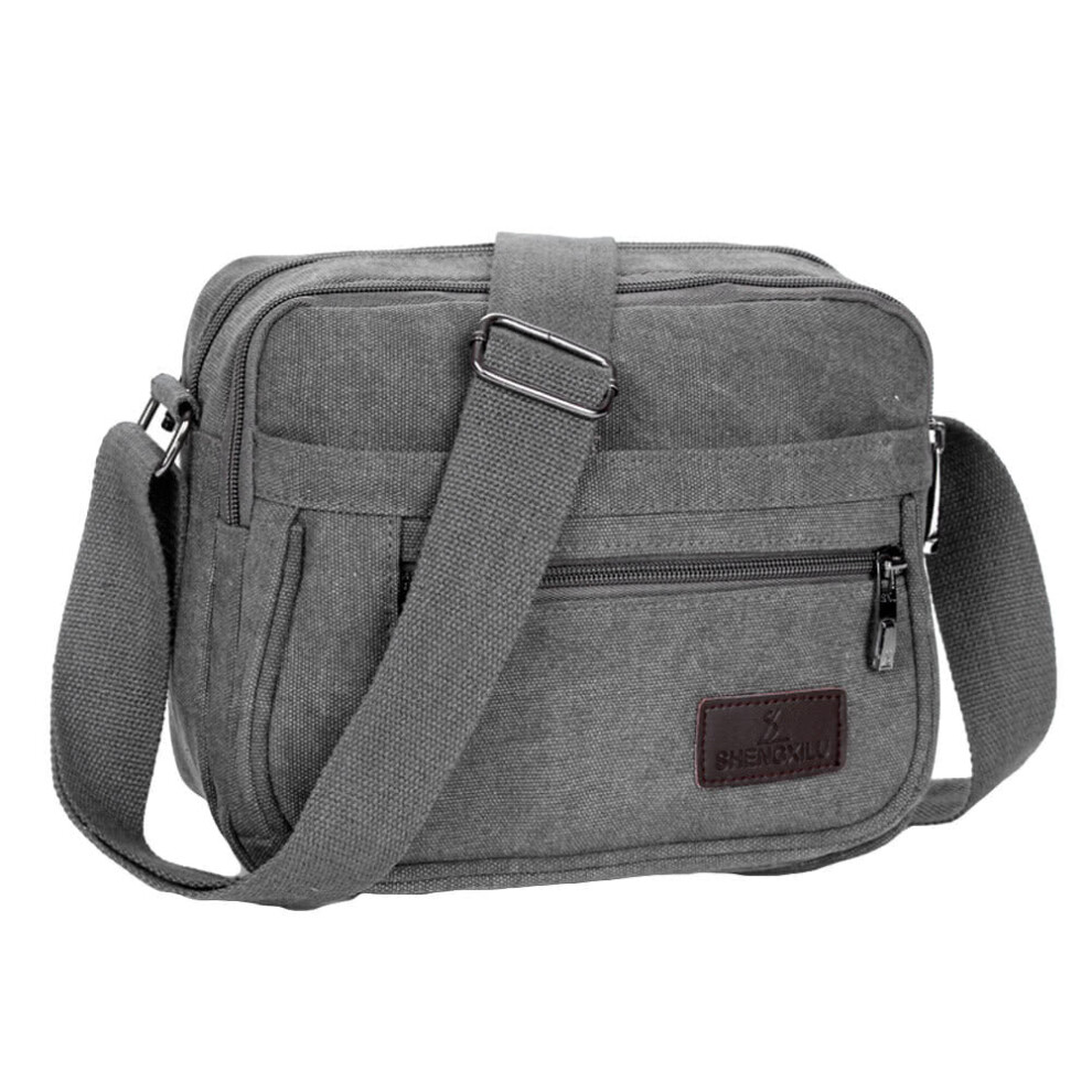 (Grey) Unisex Canvas Crossbody Bag Zipped Pocket Casual Travel Outdoor Small Shoulder Bag