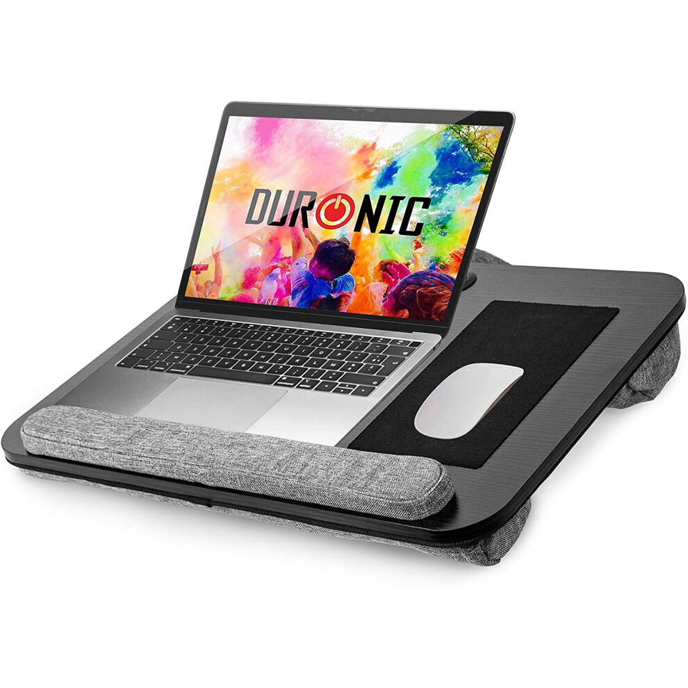 Duronic Dml433 Laptop Tray With Cushion, Ergonomic Lap Desk With Cushion Support, Wrist Pad, Tablet Holder, Portable With Carry Handle () Black/Grey 5056311901951