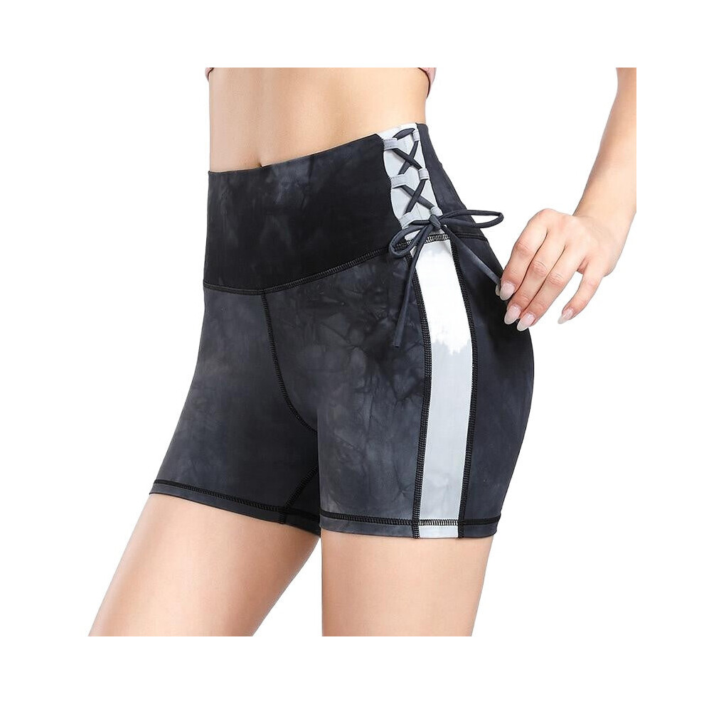 (Black, S) Women High Waist Stretchy Compression Tie Dye Booty Yoga Shorts