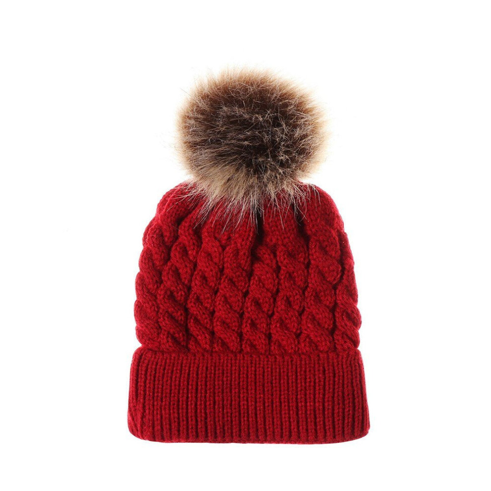 (Burgundy) Winter Women and Kids Knitted Crochet Wool Warm Hat