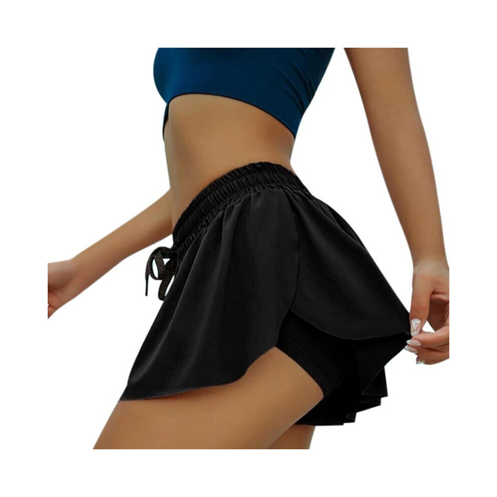 (Black, M) Women's Yoga Quick Dry Shorts 2 In 1 Sports Running Fitness Workout Gym Breathable Multi Function