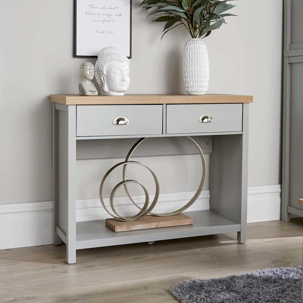 Grey Oak Console Table 2 Drawer Telephone Table Metal Handles Hallway Storage