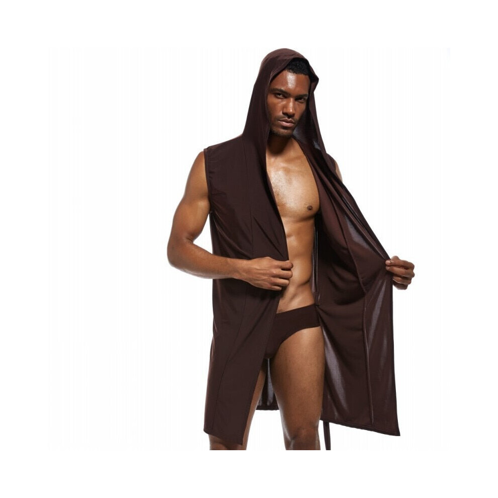 (brown, M) Men Sexy Bathrobe Ice Silk Hooded Pajamas