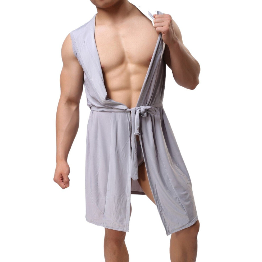 (Gray, L) Men Sexy Bathrobe Ice Silk Hooded Pajamas