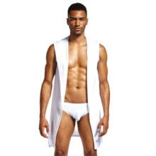 (White, S) Men Sexy Bathrobe Ice Silk Hooded Pajamas