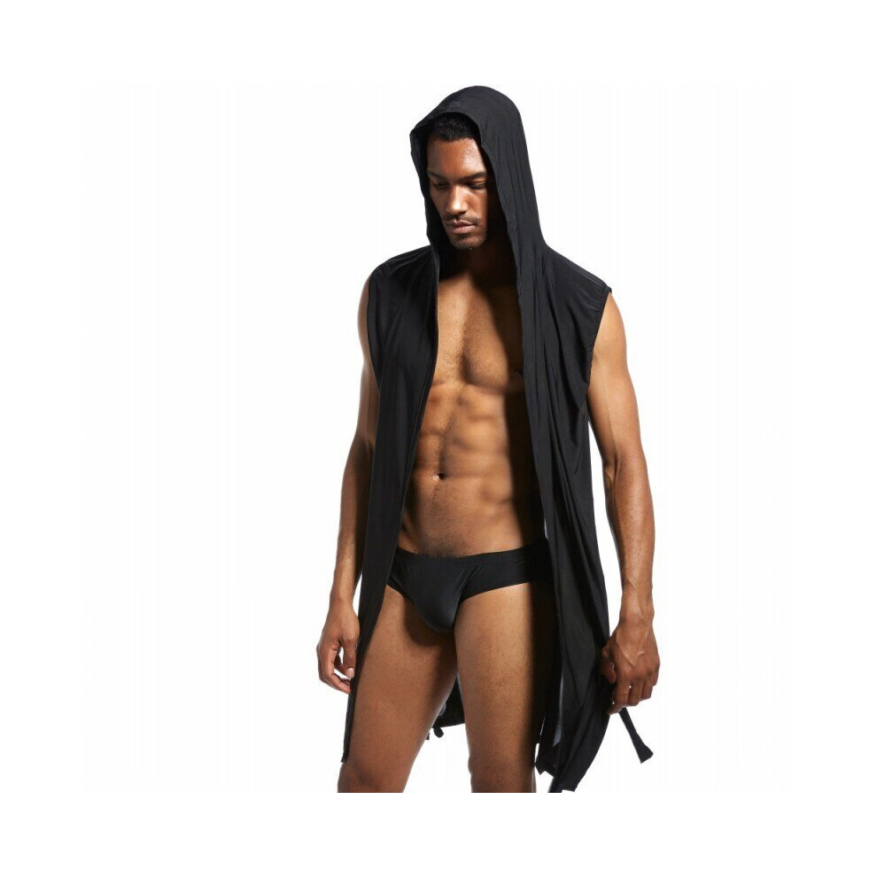 (Black, L) Men Sexy Bathrobe Ice Silk Hooded Pajamas