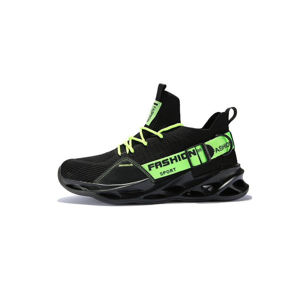 (Black Green, 6.5) Unisex Sneakers Mesh Breathable Running Light Soft Thick Sole Hole Couple Athletic Sport Shoes