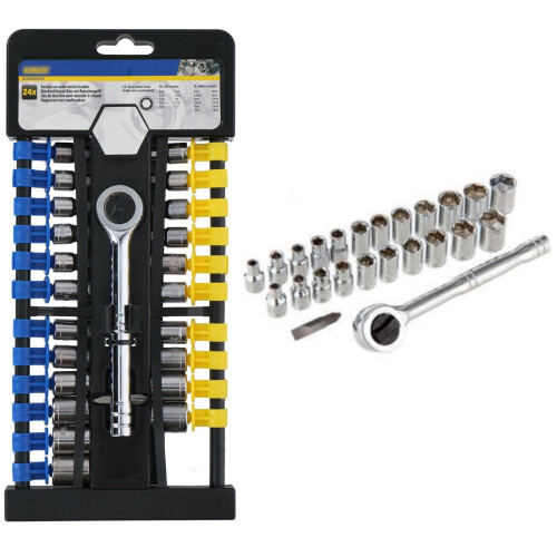 Vivo 24pc 1/4'' Socket Wrench Kit Set with Ratchet Bit Mertic SAE Handle DIY Steel
