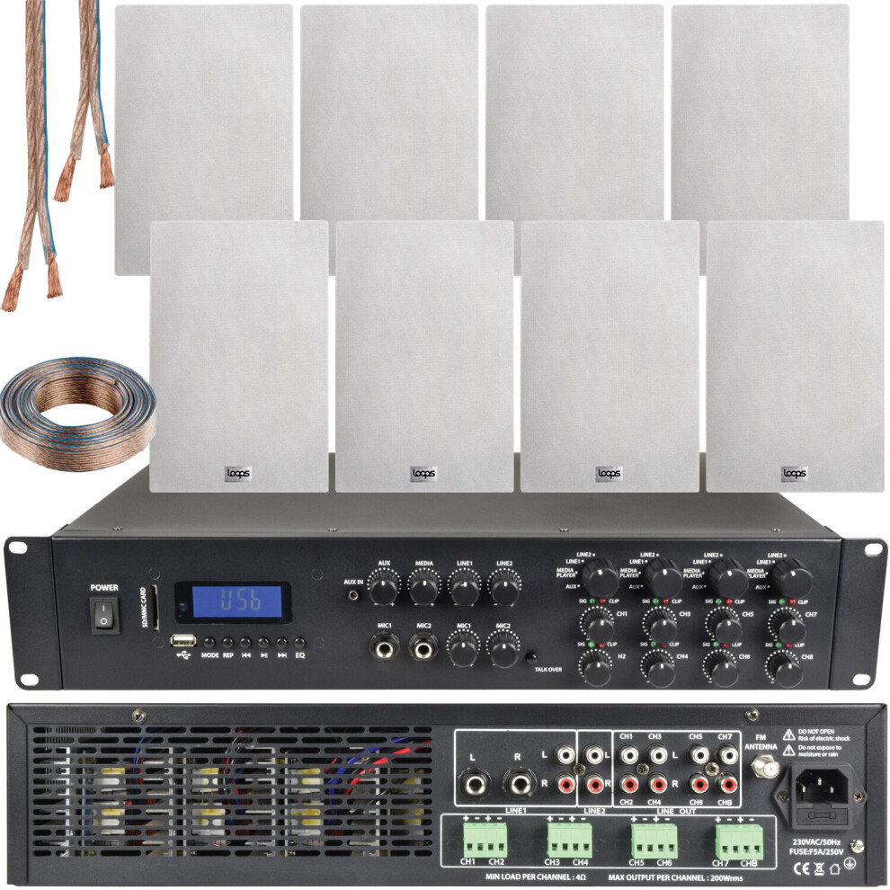 Loops 2200W Bluetooth Sound System & 8X 140W In Wall Speakers - 8 Zone Multi Room Amp
