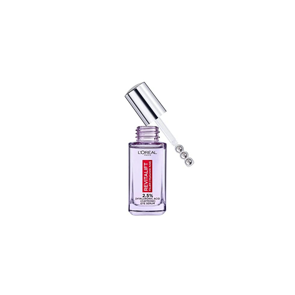 L'Oréal Paris 2.5% Hyaluronic Acid and Caffeine Eye Serum, Revitalift Filler Eye Serum, Replumps, Brightens And De-Puffs Eyes, Targets Dark Circles,