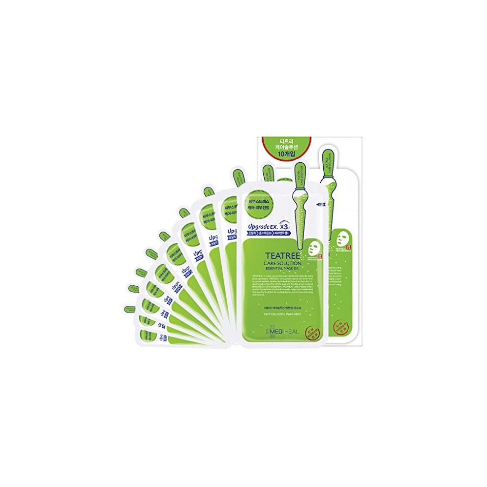 Mediheal Teatree Care Solution Essential Mask, Pack Of 10 Cotton Facial Sheet Mask With Tea Tree Oil And Cica Extracts, Moisturizing Facial Sheet