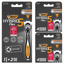 BIC Hybrid 5 Flex Refillable Men's Razor, 1 Weighted Handle and 10 Nano-Tech Titanium 5-Blade Refills with Precision Blade - Bundle of 1+10