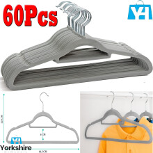 (Pack of 60) Non Slip Flocked Coat Clothes Hangers Velvet Trouser Hanging Space Saving Grey