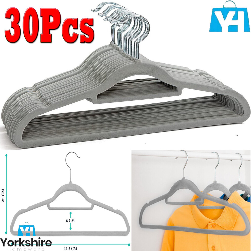 (Pack of 30) Non Slip Flocked Coat Clothes Hangers Velvet Trouser Hanging Space Saving Grey