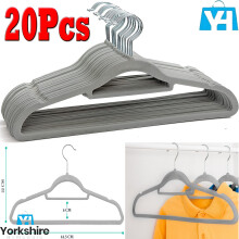 (Pack of 20) Non Slip Flocked Coat Clothes Hangers Velvet Trouser Hanging Space Saving Grey