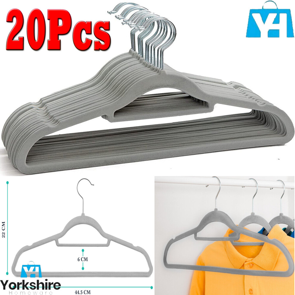 (Pack of 20) Non Slip Flocked Coat Clothes Hangers Velvet Trouser Hanging Space Saving Grey