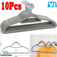 (Pack of 10) Non Slip Flocked Coat Clothes Hangers Velvet Trouser Hanging Space Saving Grey