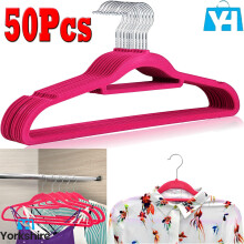 (Pack of 50) Non Slip Flocked Coat Clothes Hangers Velvet Trouser Hanging Space Saving Pink