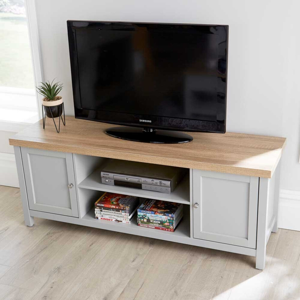 Grey Oak TV Stand Two Tone 2 Door Cabinet Television Unit Open Shelf Cable Tidy