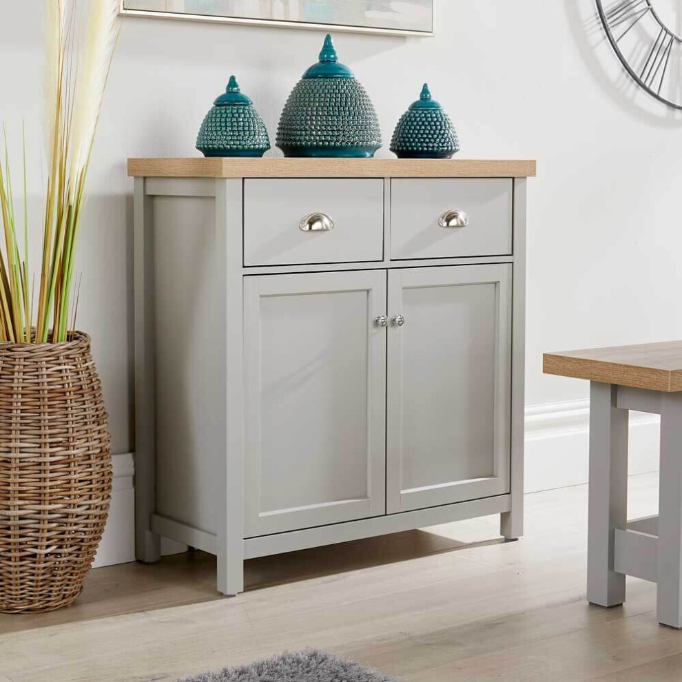 Home Source Sideboard 2 Door 2 Drawer Storage Cupboard With Shelf 36Mm Oak Top Grey