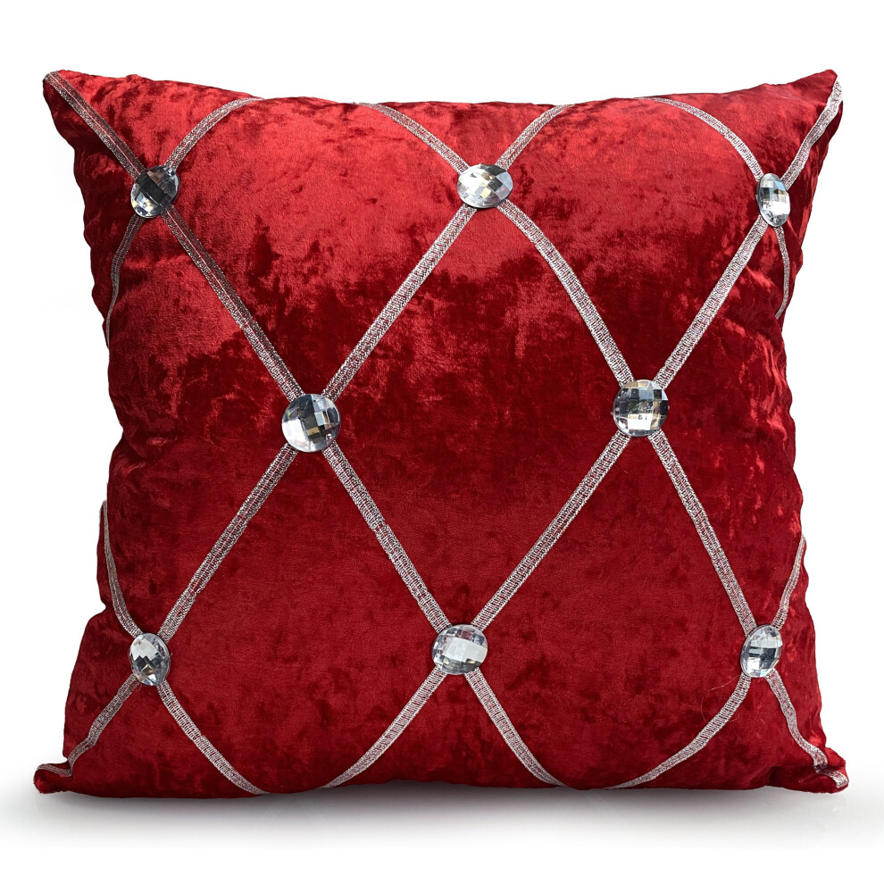 (RED, 23"x23" FILLED CUSHION) Crush Velvet Diamante Chesterfield Cushions or Covers