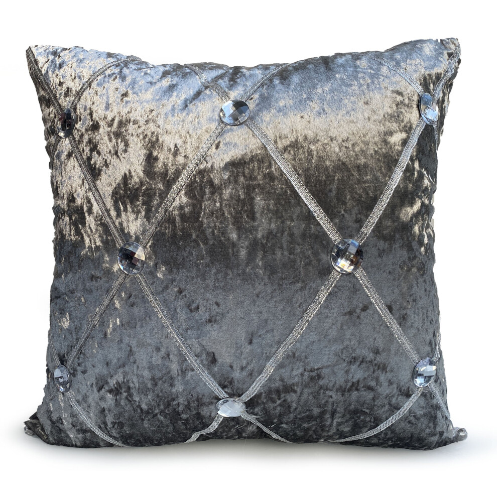 (SILVER, 17"x17" FILLED CUSHION) Crush Velvet Diamante Chesterfield Cushions or Covers