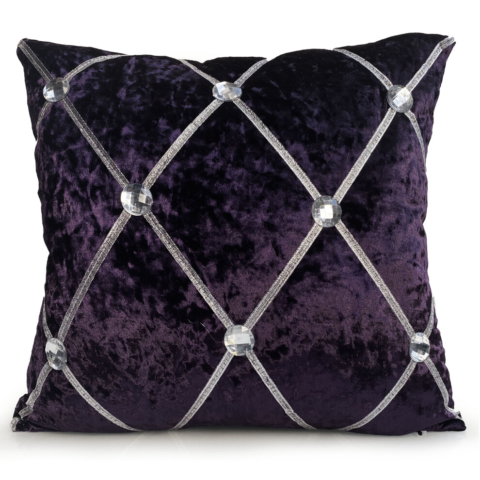 (PURPLE, 17"x17" FILLED CUSHION) Crush Velvet Diamante Chesterfield Cushions or Covers