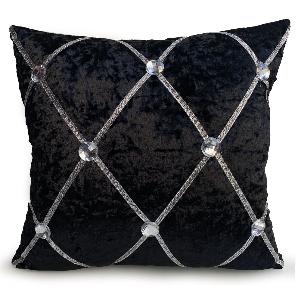 (BLACK, 23"x23" FILLED CUSHION) Crush Velvet Diamante Chesterfield Cushions or Covers