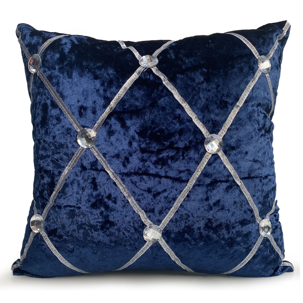 (NAVY BLUE, 21"X21" FILLED CUSHION) Crush Velvet Diamante Chesterfield Cushions or Covers