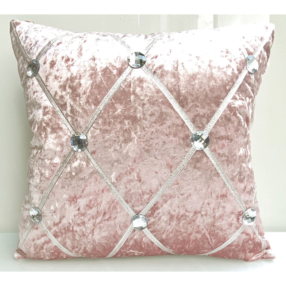 (BLUSH PINK, 21"X21" FILLED CUSHION) Crush Velvet Diamante Chesterfield Cushions or Covers