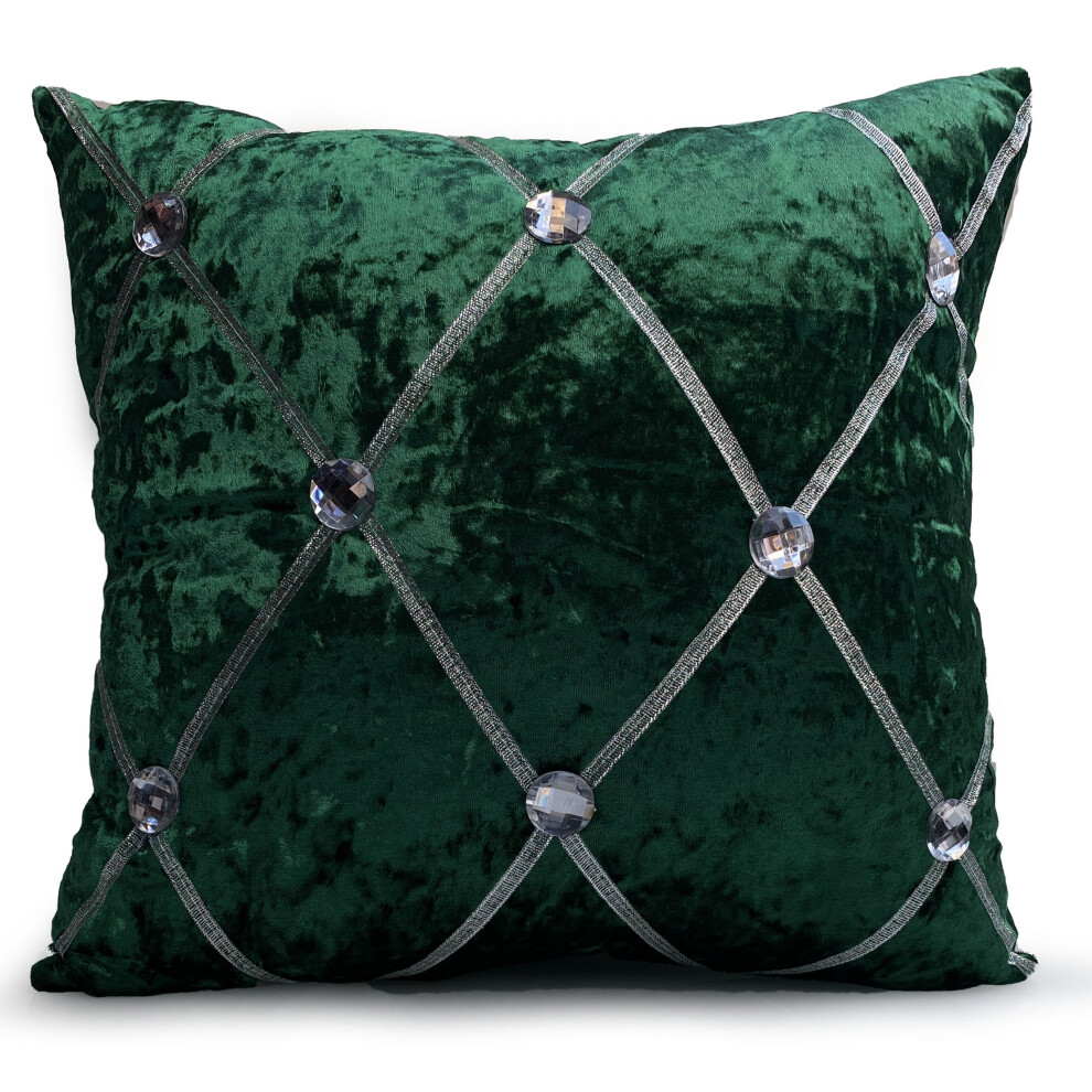 (BOTTLE GREEN, 21"X21" FILLED CUSHION) Crush Velvet Diamante Chesterfield Cushions or Covers