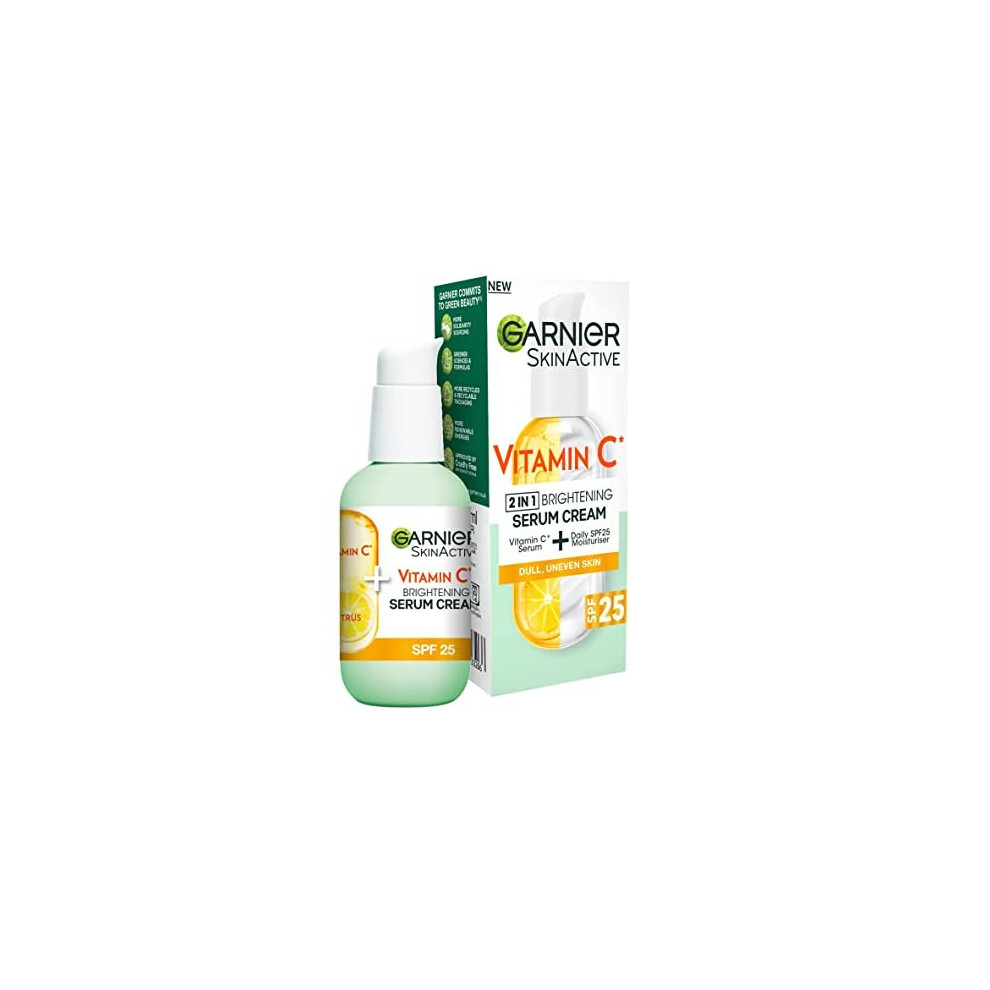 Garnier Vitamin C Serum Cream, 2in1 Formula With 20% Vitamin C Serum & SPF 25 Moisturiser, Hydrate & Reveal Bright Glowing Skin, Organic & Vegan