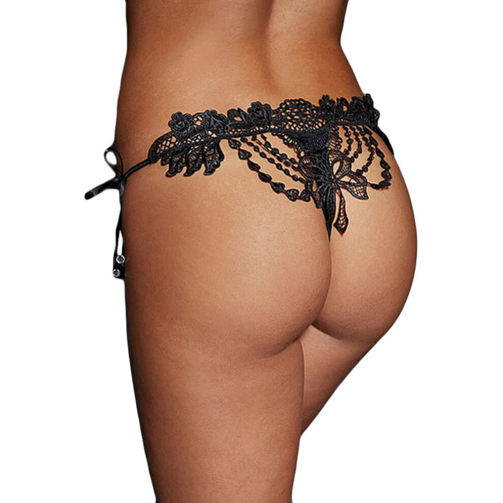 (Black, M) Sexy Women Crochet Lace Lingerie G-String Low Waist Self-Tie Strap Beaded Thong Underwear