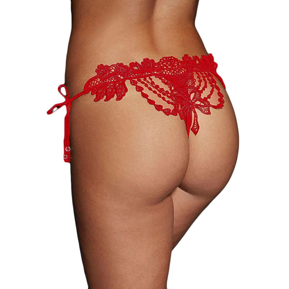 (Red, L) Sexy Women Crochet Lace Lingerie G-String Low Waist Self-Tie Strap Beaded Thong Underwear