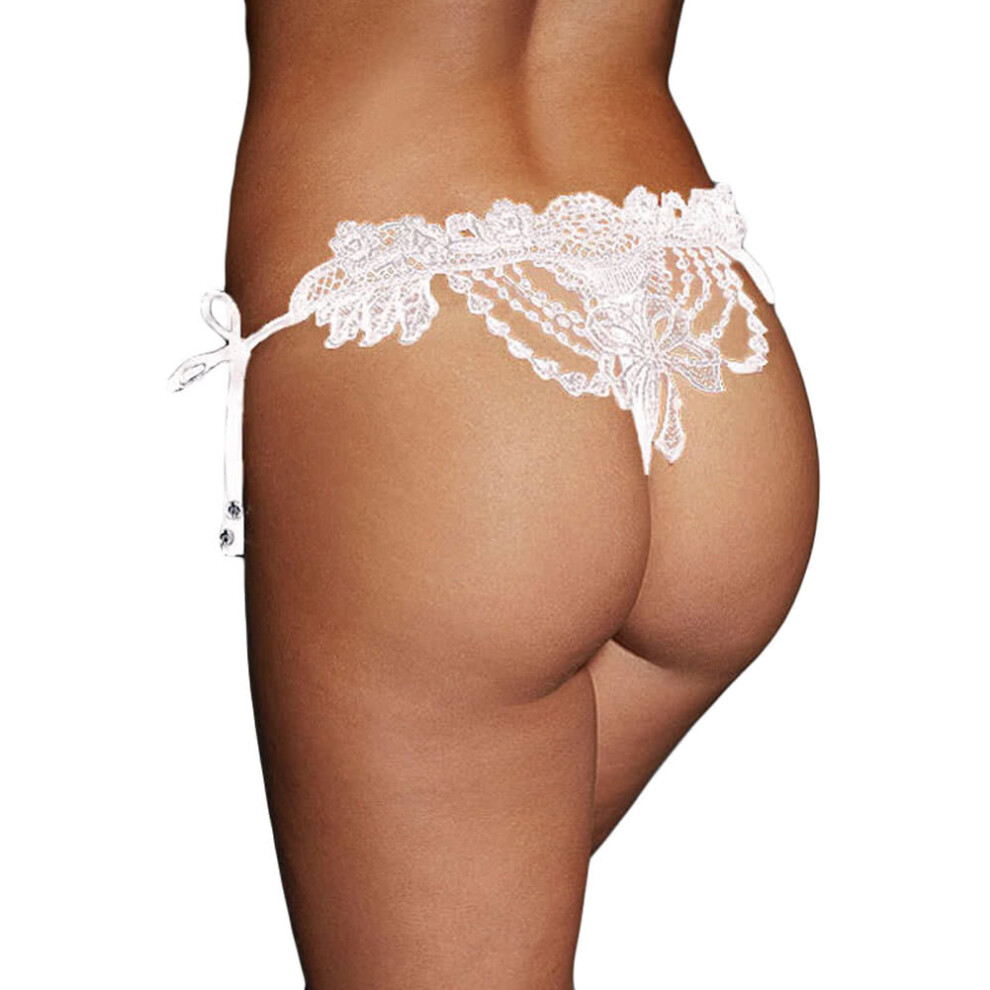 (White, L) Sexy Women Crochet Lace Lingerie G-String Low Waist Self-Tie Strap Beaded Thong Underwear