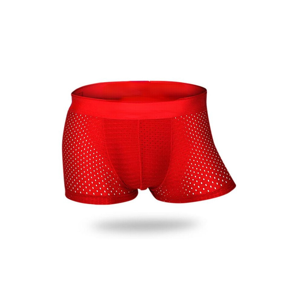 (Red, L) Mens Mesh Breathable Thin Underwear Casual Ice Silk