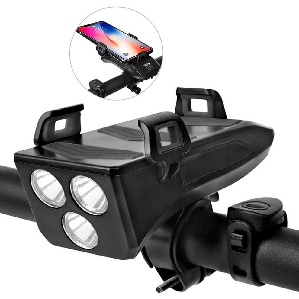 (2000 Ma-Black A) 4 IN 1 Multifunctional Bike Light Bicycle Horn Lamp with Mobile Phone Bracket