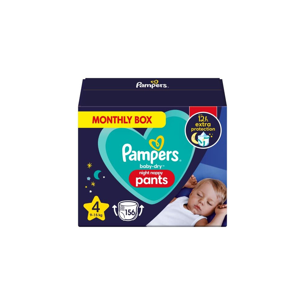 Pampers Nappy Pants Size 4 (9-15 kg / 20-33 lbs), Baby-Dry Night, 156 Nappies, MONTHLY BOX, Extra Protection All Night Long, Pull Ups