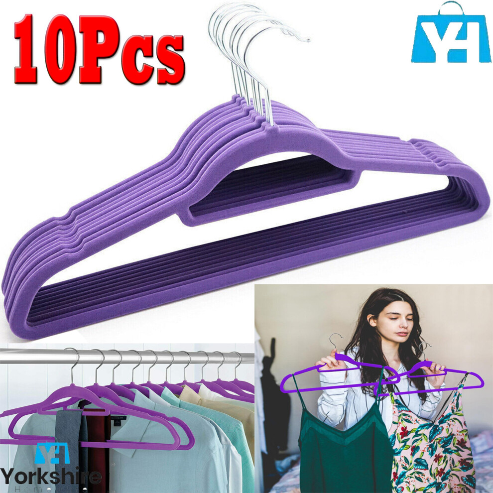 (Pack of 10) NON SLIP FLOCKED COAT CLOTHES HANGERS VELVET TROUSER HANGING SPACE SAVING PURPLE