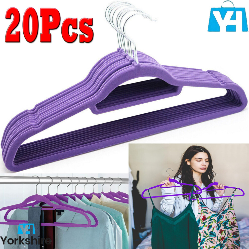 (Pack of 20) NON SLIP FLOCKED COAT CLOTHES HANGERS VELVET TROUSER HANGING SPACE SAVING PURPLE