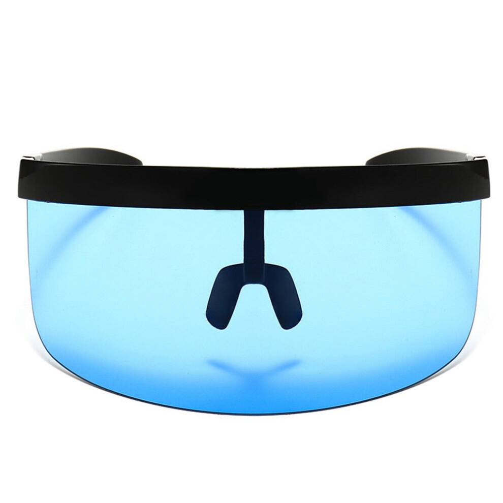 (Blue) Oversize Sunglasses Retro Futuristic Shield Visor Face Mask Colorful Sun-proof Dust-proof Anti-spray Goggles Side