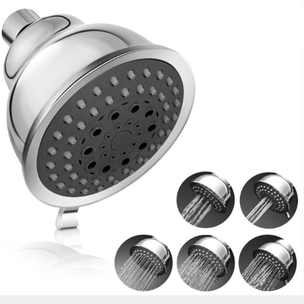 (Silver) High Pressure Shower Head - 4 Inch 5 Settings Adjustable Bathroom Shower Head Spray Showerhead