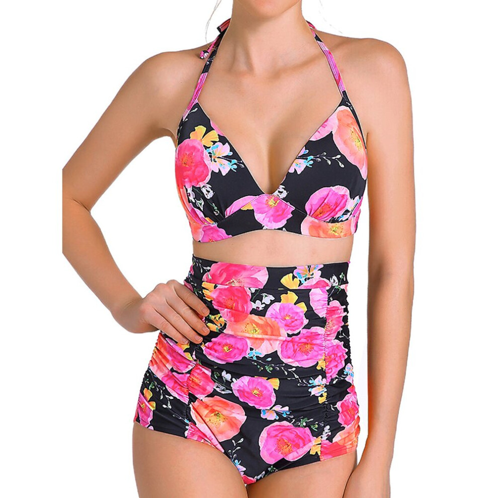 (Red, 2XL) Sexy Halter Strap Printed Wireless Swimwear Sets