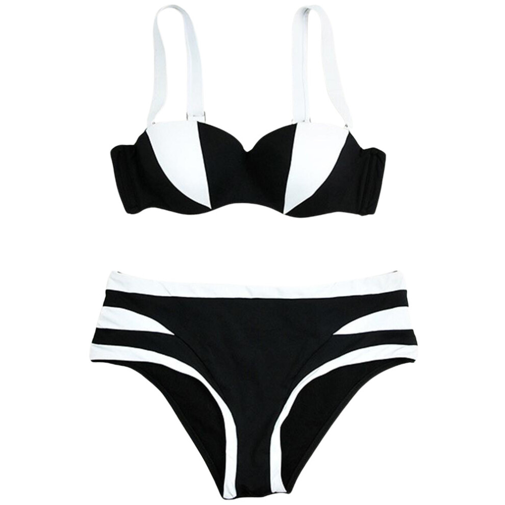 (White, M) Sexy Patchwork Backless Wireless Push Up Bikini Set