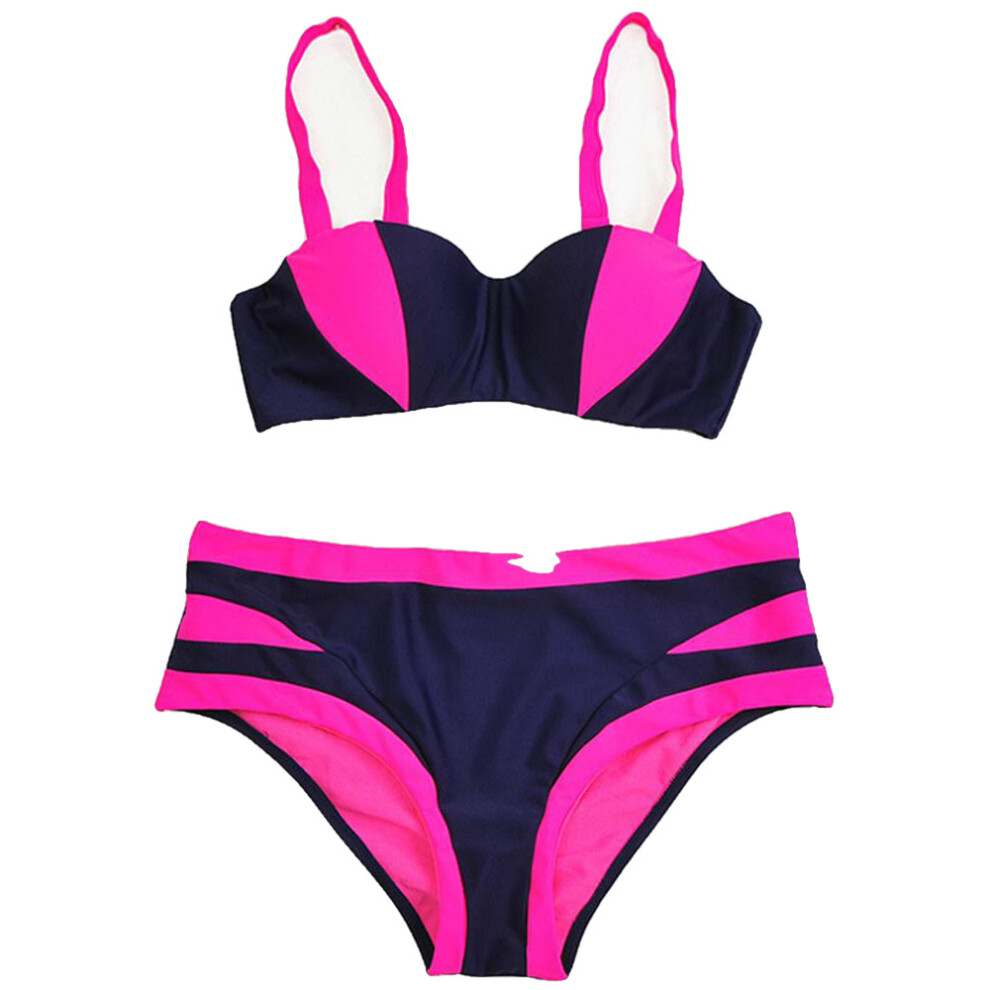 (Pink, L) Sexy Patchwork Backless Wireless Push Up Bikini Set