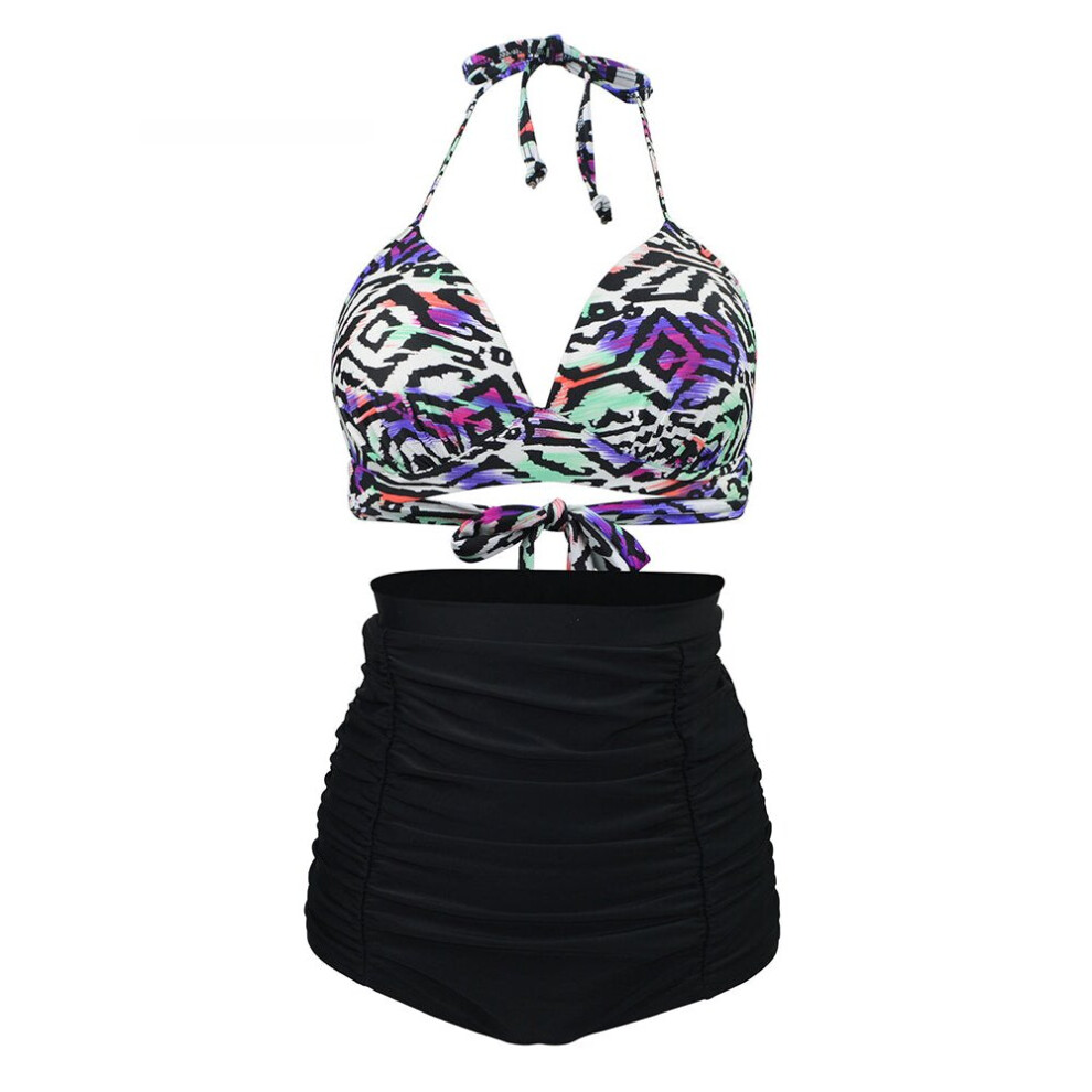 (White Black, 3XL) Sexy Halter Strap Printed Wireless Swimwear Sets