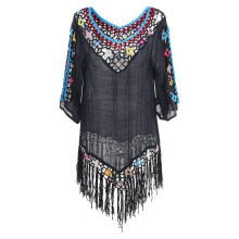 (Black) Tassel 3D Hook Flower Beach Sun Protection Cover-Ups