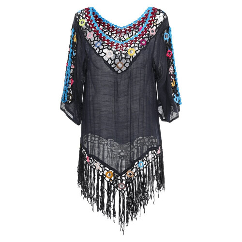 (Black) Tassel 3D Hook Flower Beach Sun Protection Cover-Ups