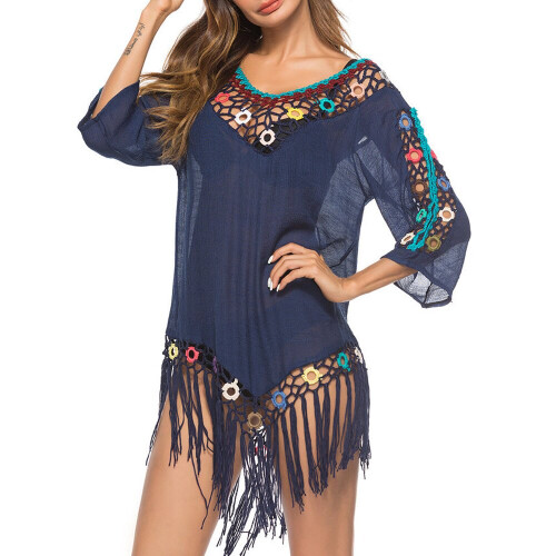 (Black) Tassel 3D Hook Flower Beach Sun Protection Cover-Ups 1